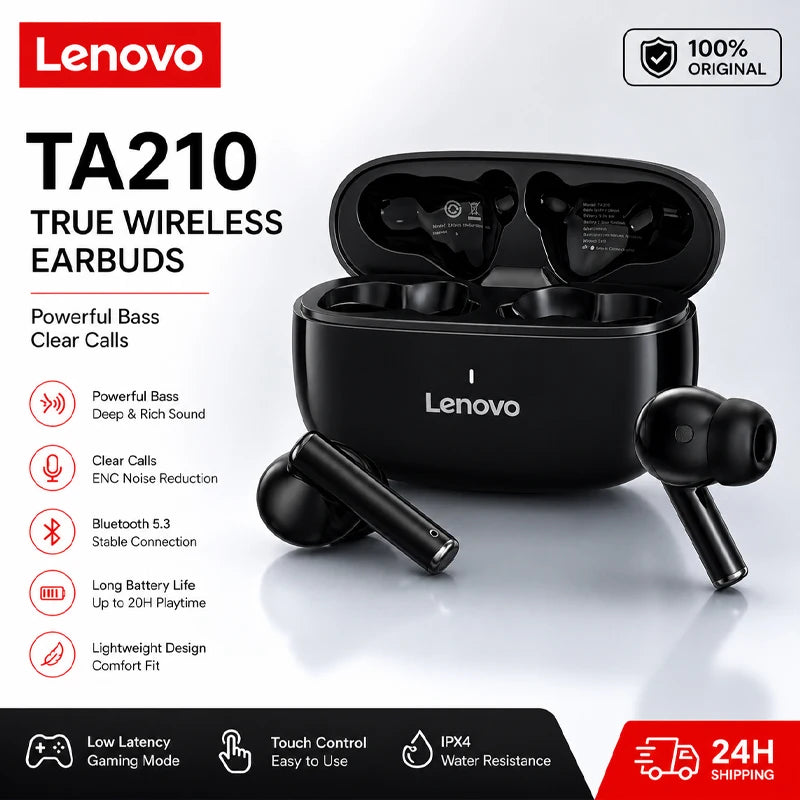 Lenovo wireless Bluetooth headset with a built-in microphone.