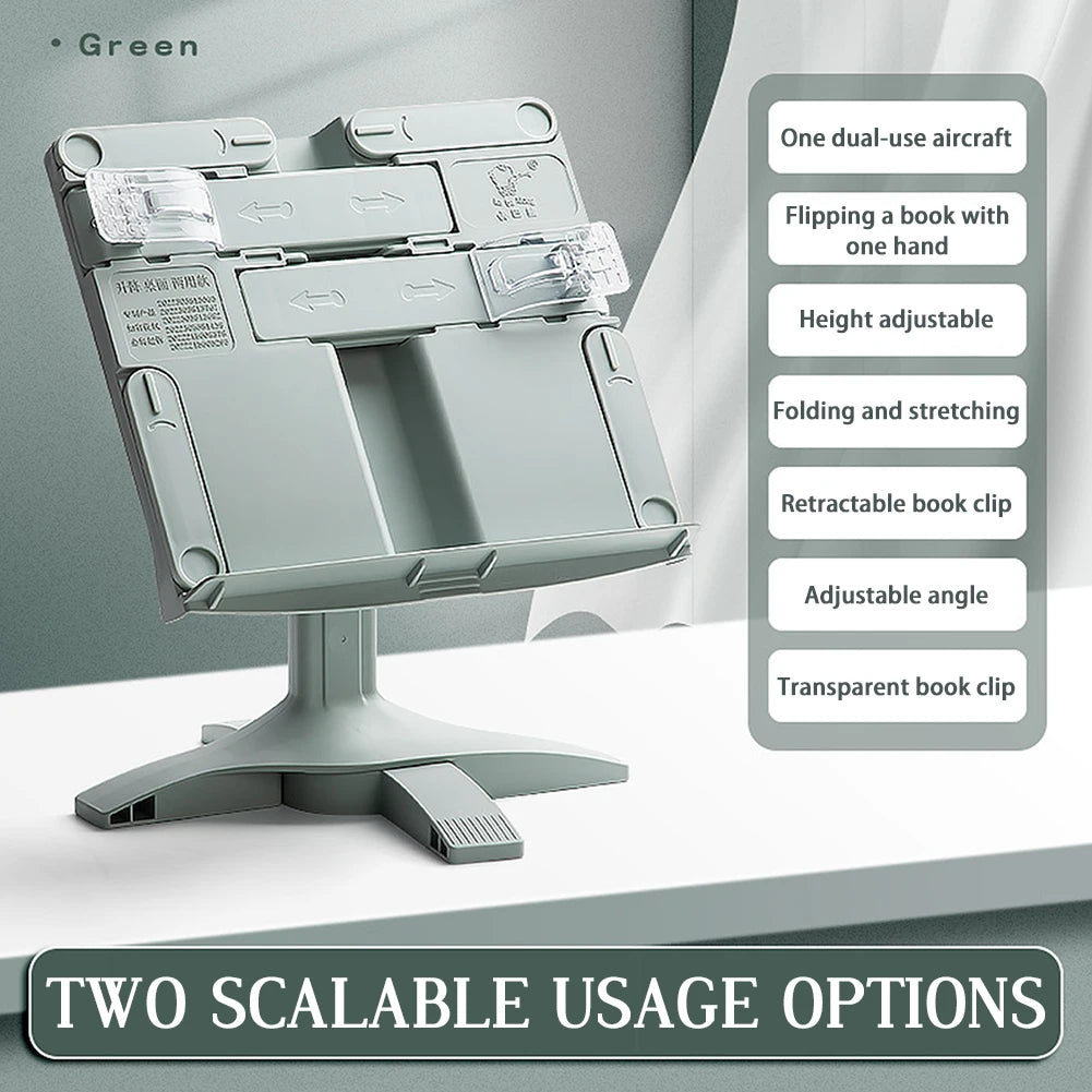 Adjustable book stand, equipped with a holder for books and tablets.