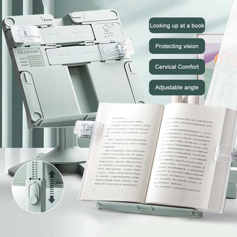 Adjustable book stand, equipped with a holder for books and tablets.